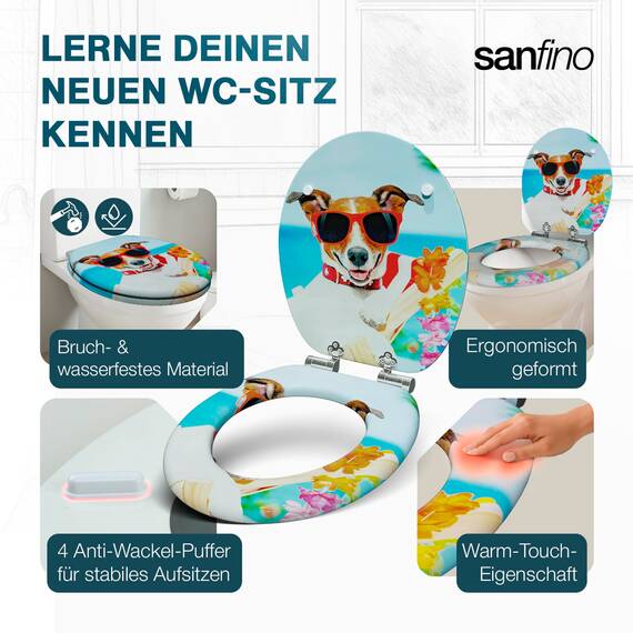 SANFINO® Premium WC Sitz mit Absenkautomatik – hochwertige Toilettendeckel aus Holz, viele bunte Motive, hoher Sitzkomfort, einfache Montage inklusive Montageanleitung – "Sunny Dog"