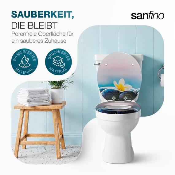 SANFINO® Premium WC Sitz mit Absenkautomatik – hochwertige Toilettendeckel aus Holz, viele bunte Motive, hoher Sitzkomfort, einfache Montage inklusive Montageanleitung – "Flower & Stones"