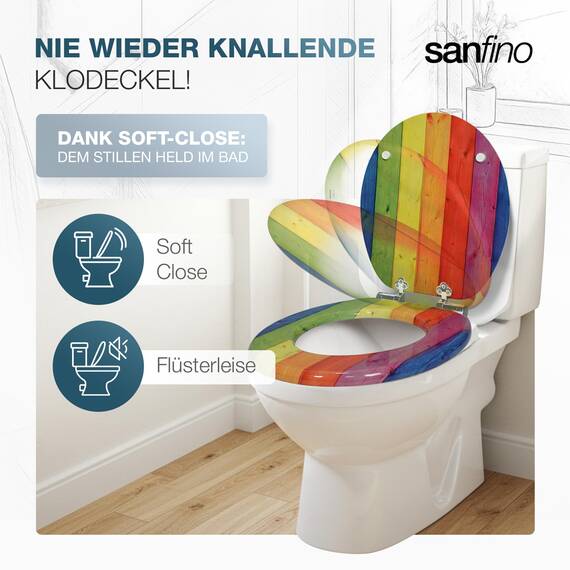 SANFINO® Premium WC Sitz mit Absenkautomatik – hochwertige Toilettendeckel aus Holz, viele bunte Motive, hoher Sitzkomfort, einfache Montage inklusive Montageanleitung – "Colorful"