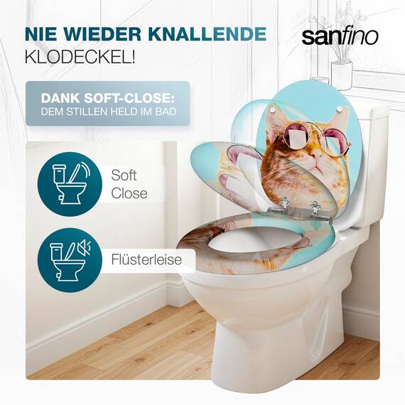 SANFINO® Premium WC Sitz mit Absenkautomatik – hochwertige Toilettendeckel aus Holz, viele bunte Motive, hoher Sitzkomfort, einfache Montage inklusive Montageanleitung – "Cool Cat"