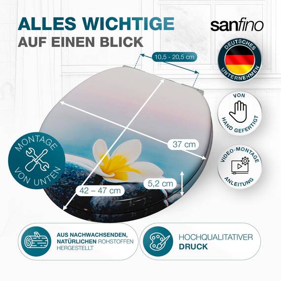 SANFINO® Premium WC Sitz mit Absenkautomatik – hochwertige Toilettendeckel aus Holz, viele bunte Motive, hoher Sitzkomfort, einfache Montage inklusive Montageanleitung – "Flower & Stones"