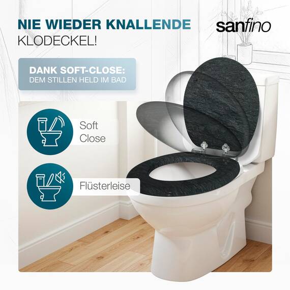 SANFINO® Premium WC Sitz mit Absenkautomatik – hochwertige Toilettendeckel aus Holz, viele bunte Motive, hoher Sitzkomfort, einfache Montage inklusive Montageanleitung – "Granit"