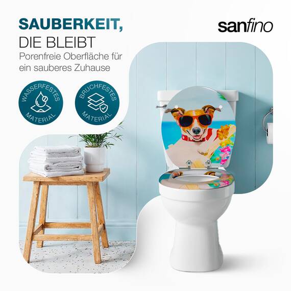 SANFINO® Premium WC Sitz mit Absenkautomatik – hochwertige Toilettendeckel aus Holz, viele bunte Motive, hoher Sitzkomfort, einfache Montage inklusive Montageanleitung – "Sunny Dog"