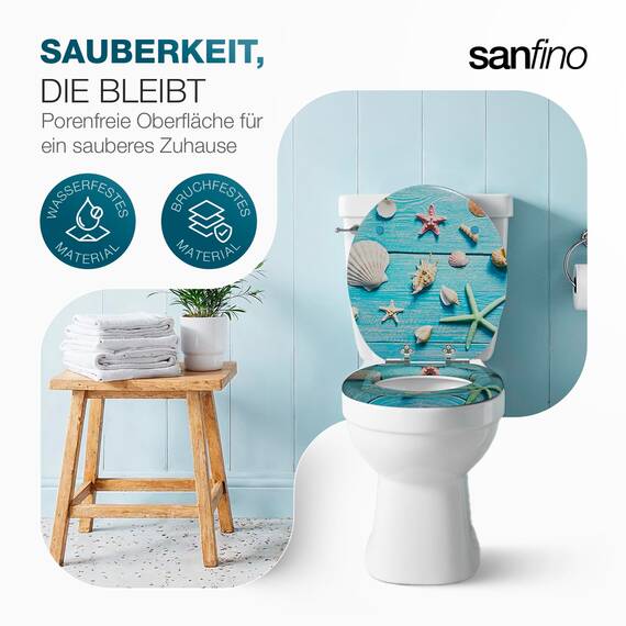 SANFINO® Premium WC Sitz mit Absenkautomatik – hochwertige Toilettendeckel aus Holz, viele bunte Motive, hoher Sitzkomfort, einfache Montage inklusive Montageanleitung – "Blue Star"