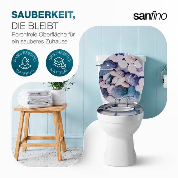 SANFINO® Premium WC Sitz mit Absenkautomatik – hochwertige Toilettendeckel aus Holz, viele bunte Motive, hoher Sitzkomfort, einfache Montage inklusive Montageanleitung – "Stones"