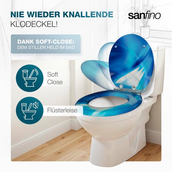 SANFINO® Premium WC Sitz mit Absenkautomatik – hochwertige Toilettendeckel aus Holz, viele bunte Motive, hoher Sitzkomfort, einfache Montage inklusive Montageanleitung – "Wave"