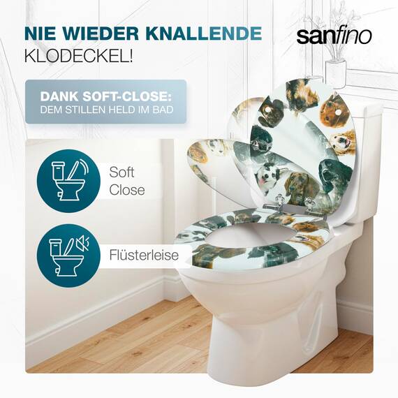 SANFINO® Premium WC Sitz mit Absenkautomatik – hochwertige Toilettendeckel aus Holz, viele bunte Motive, hoher Sitzkomfort, einfache Montage inklusive Montageanleitung – "Dog Circle"