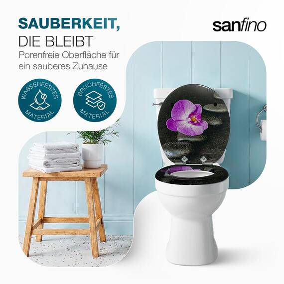 SANFINO® Premium WC Sitz mit Absenkautomatik – hochwertige Toilettendeckel aus Holz, viele bunte Motive, hoher Sitzkomfort, einfache Montage inklusive Montageanleitung – "Way of Orchid"