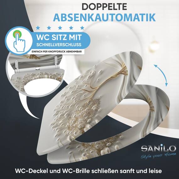 Sanilo WC Sitz mit Absenkautomatik & Schnellverschluss, Toilettendeckel per Knopfdruck abnehmbar, einfache Montage von oben (Tree of Life)