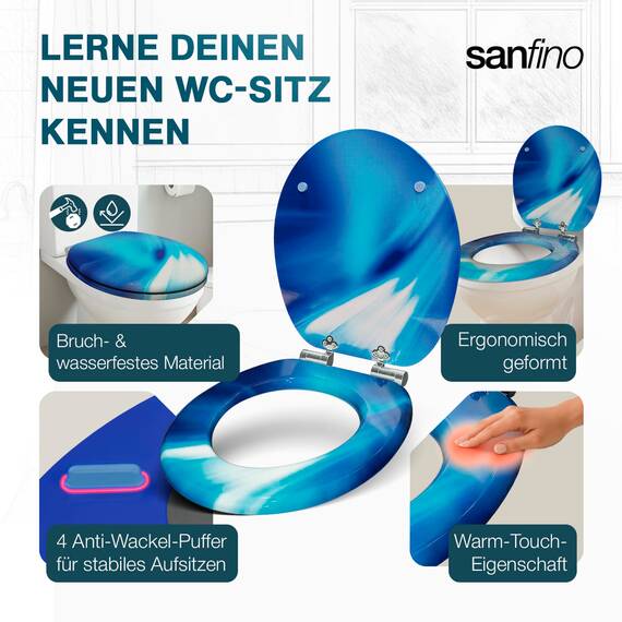 SANFINO® Premium WC Sitz mit Absenkautomatik – hochwertige Toilettendeckel aus Holz, viele bunte Motive, hoher Sitzkomfort, einfache Montage inklusive Montageanleitung – "Wave"