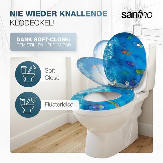 SANFINO® Premium WC Sitz mit Absenkautomatik – hochwertige Toilettendeckel aus Holz, viele bunte Motive, hoher Sitzkomfort, einfache Montage inklusive Montageanleitung – "Boats"