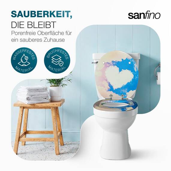 SANFINO® Premium WC Sitz mit Absenkautomatik – hochwertige Toilettendeckel aus Holz, viele bunte Motive, hoher Sitzkomfort, einfache Montage inklusive Montageanleitung – "Cloud Heart"