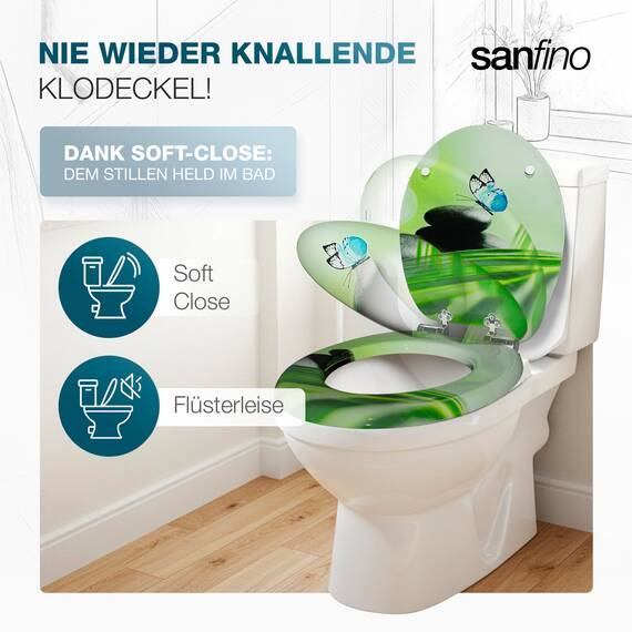 SANFINO® Premium WC Sitz mit Absenkautomatik – hochwertige Toilettendeckel aus Holz, viele bunte Motive, hoher Sitzkomfort, einfache Montage inklusive Montageanleitung – "Blue Butterfly"