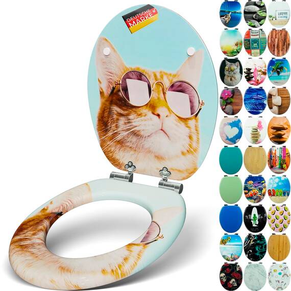 SANFINO® Premium WC Sitz mit Absenkautomatik – hochwertige Toilettendeckel aus Holz, viele bunte Motive, hoher Sitzkomfort, einfache Montage inklusive Montageanleitung – "Cool Cat"