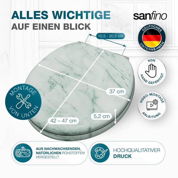 SANFINO® Premium WC Sitz mit Absenkautomatik – hochwertige Toilettendeckel aus Holz, viele bunte Motive, hoher Sitzkomfort, einfache Montage inklusive Montageanleitung – "Marmor"