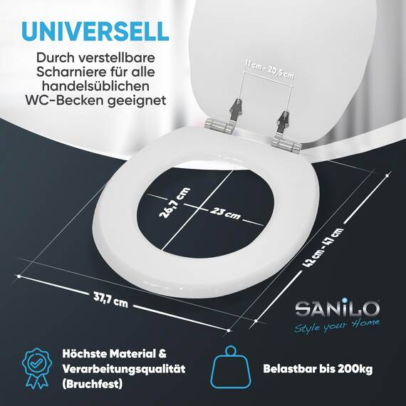 Sanilo WC Sitz mit Absenkautomatik, viele neue Toilettendeckel zur Auswahl, hochwertige Oberfläche, einfache Montage, stabile Scharniere (Muschel Weiß)