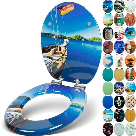 SANFINO® Premium WC Sitz mit Absenkautomatik – hochwertige Toilettendeckel aus Holz, viele bunte Motive, hoher Sitzkomfort, einfache Montage inklusive Montageanleitung – "Boat"