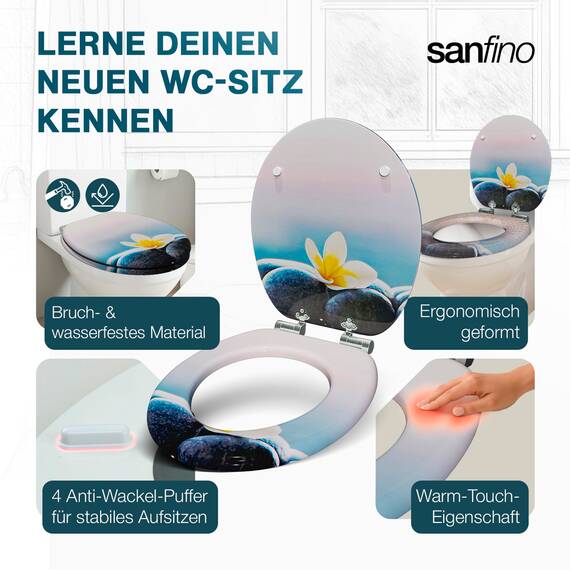 SANFINO® Premium WC Sitz mit Absenkautomatik – hochwertige Toilettendeckel aus Holz, viele bunte Motive, hoher Sitzkomfort, einfache Montage inklusive Montageanleitung – "Flower & Stones"