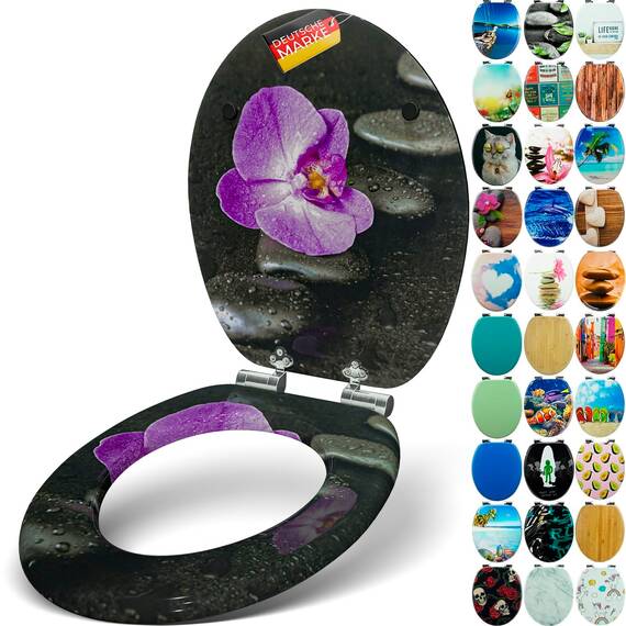 SANFINO® Premium WC Sitz mit Absenkautomatik – hochwertige Toilettendeckel aus Holz, viele bunte Motive, hoher Sitzkomfort, einfache Montage inklusive Montageanleitung – "Way of Orchid"