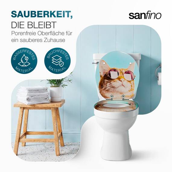 SANFINO® Premium WC Sitz mit Absenkautomatik – hochwertige Toilettendeckel aus Holz, viele bunte Motive, hoher Sitzkomfort, einfache Montage inklusive Montageanleitung – "Cool Cat"