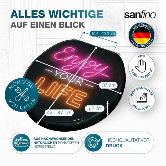 SANFINO® Premium WC Sitz mit Absenkautomatik – hochwertige Toilettendeckel aus Holz, viele bunte Motive, hoher Sitzkomfort, einfache Montage inklusive Montageanleitung – "Enjoy Life"