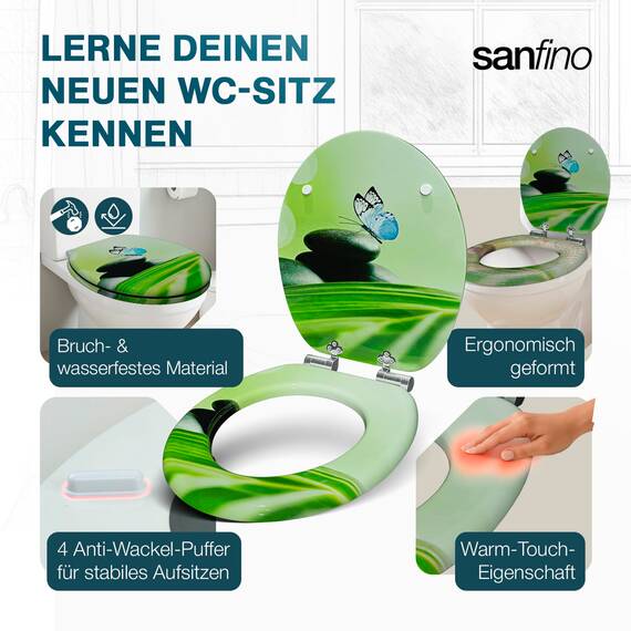 SANFINO® Premium WC Sitz mit Absenkautomatik – hochwertige Toilettendeckel aus Holz, viele bunte Motive, hoher Sitzkomfort, einfache Montage inklusive Montageanleitung – "Blue Butterfly"