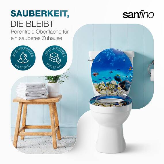 SANFINO® Premium WC Sitz mit Absenkautomatik – hochwertige Toilettendeckel aus Holz, viele bunte Motive, hoher Sitzkomfort, einfache Montage inklusive Montageanleitung – "Coral Reef"