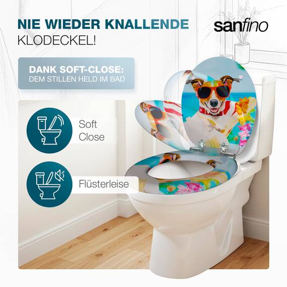SANFINO® Premium WC Sitz mit Absenkautomatik – hochwertige Toilettendeckel aus Holz, viele bunte Motive, hoher Sitzkomfort, einfache Montage inklusive Montageanleitung – "Sunny Dog"