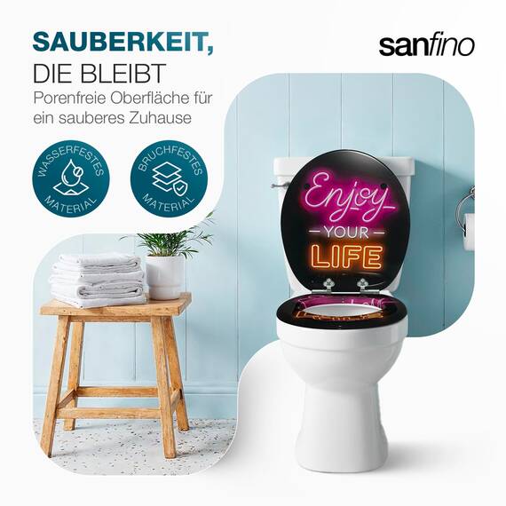 SANFINO® Premium WC Sitz mit Absenkautomatik – hochwertige Toilettendeckel aus Holz, viele bunte Motive, hoher Sitzkomfort, einfache Montage inklusive Montageanleitung – "Enjoy Life"