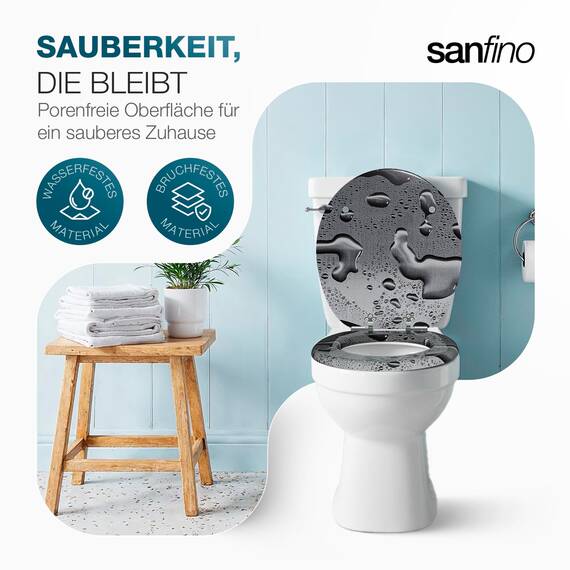 SANFINO® Premium WC Sitz mit Absenkautomatik – hochwertige Toilettendeckel aus Holz, viele bunte Motive, hoher Sitzkomfort, einfache Montage inklusive Montageanleitung – "Grey Splash"