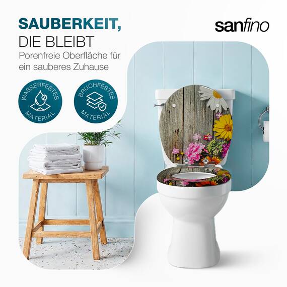 SANFINO® Premium WC Sitz mit Absenkautomatik – hochwertige Toilettendeckel aus Holz, viele bunte Motive, hoher Sitzkomfort, einfache Montage inklusive Montageanleitung – "Alp Meadow"
