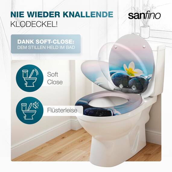 SANFINO® Premium WC Sitz mit Absenkautomatik – hochwertige Toilettendeckel aus Holz, viele bunte Motive, hoher Sitzkomfort, einfache Montage inklusive Montageanleitung – "Flower & Stones"
