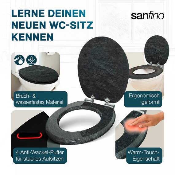 SANFINO® Premium WC Sitz mit Absenkautomatik – hochwertige Toilettendeckel aus Holz, viele bunte Motive, hoher Sitzkomfort, einfache Montage inklusive Montageanleitung – "Granit"
