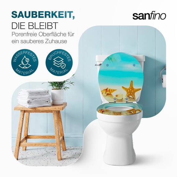 SANFINO® Premium WC Sitz mit Absenkautomatik – hochwertige Toilettendeckel aus Holz, viele bunte Motive, hoher Sitzkomfort, einfache Montage inklusive Montageanleitung – "Seastar Beach"
