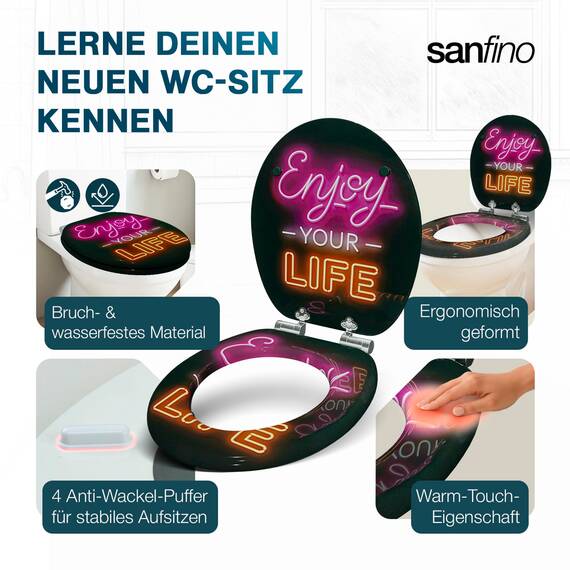 SANFINO® Premium WC Sitz mit Absenkautomatik – hochwertige Toilettendeckel aus Holz, viele bunte Motive, hoher Sitzkomfort, einfache Montage inklusive Montageanleitung – "Enjoy Life"