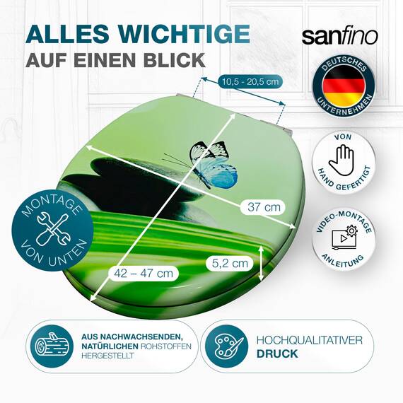 SANFINO® Premium WC Sitz mit Absenkautomatik – hochwertige Toilettendeckel aus Holz, viele bunte Motive, hoher Sitzkomfort, einfache Montage inklusive Montageanleitung – "Blue Butterfly"