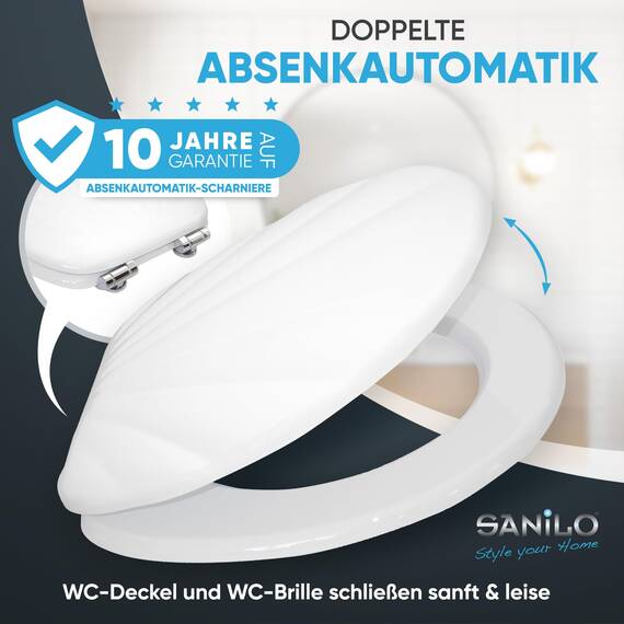 Sanilo WC Sitz mit Absenkautomatik, viele neue Toilettendeckel zur Auswahl, hochwertige Oberfläche, einfache Montage, stabile Scharniere (Muschel Weiß)
