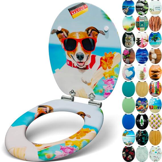 SANFINO® Premium WC Sitz mit Absenkautomatik – hochwertige Toilettendeckel aus Holz, viele bunte Motive, hoher Sitzkomfort, einfache Montage inklusive Montageanleitung – "Sunny Dog"