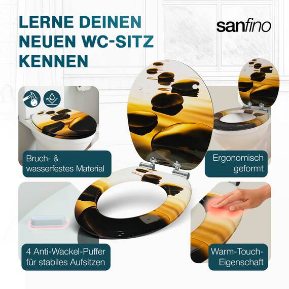 SANFINO® Premium WC Sitz mit Absenkautomatik – hochwertige Toilettendeckel aus Holz, viele bunte Motive, hoher Sitzkomfort, einfache Montage inklusive Montageanleitung – "Sand Stone"