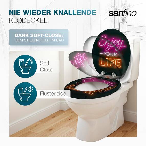 SANFINO® Premium WC Sitz mit Absenkautomatik – hochwertige Toilettendeckel aus Holz, viele bunte Motive, hoher Sitzkomfort, einfache Montage inklusive Montageanleitung – "Enjoy Life"