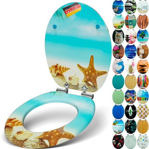 SANFINO® Premium WC Sitz mit Absenkautomatik – hochwertige Toilettendeckel aus Holz, viele bunte Motive, hoher Sitzkomfort, einfache Montage inklusive Montageanleitung – "Seastar Beach"