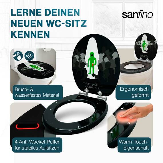 SANFINO® Premium WC Sitz mit Absenkautomatik – hochwertige Toilettendeckel aus Holz, viele bunte Motive, hoher Sitzkomfort, einfache Montage inklusive Montageanleitung – "Alien"