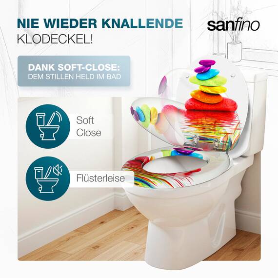 SANFINO® Premium WC Sitz mit Absenkautomatik – hochwertige Toilettendeckel aus Holz, viele bunte Motive, hoher Sitzkomfort, einfache Montage inklusive Montageanleitung – "Rainbow Stone"