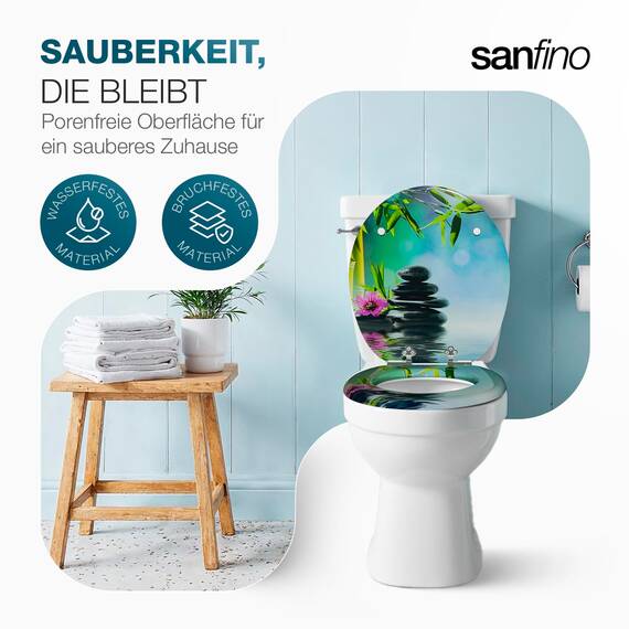SANFINO® Premium WC Sitz mit Absenkautomatik – hochwertige Toilettendeckel aus Holz, viele bunte Motive, hoher Sitzkomfort, einfache Montage inklusive Montageanleitung – "Asia II"
