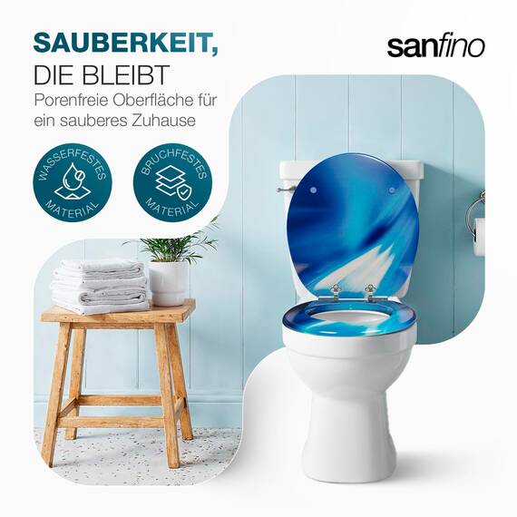 SANFINO® Premium WC Sitz mit Absenkautomatik – hochwertige Toilettendeckel aus Holz, viele bunte Motive, hoher Sitzkomfort, einfache Montage inklusive Montageanleitung – "Wave"