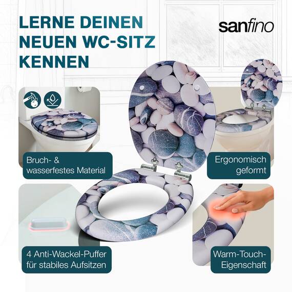 SANFINO® Premium WC Sitz mit Absenkautomatik – hochwertige Toilettendeckel aus Holz, viele bunte Motive, hoher Sitzkomfort, einfache Montage inklusive Montageanleitung – "Stones"