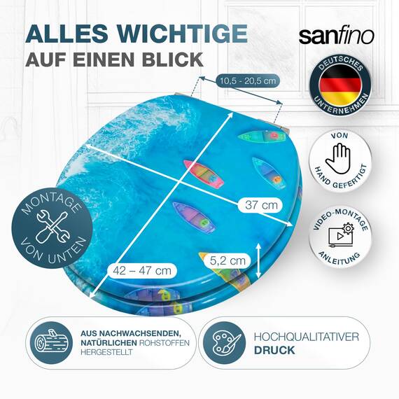 SANFINO® Premium WC Sitz mit Absenkautomatik – hochwertige Toilettendeckel aus Holz, viele bunte Motive, hoher Sitzkomfort, einfache Montage inklusive Montageanleitung – "Boats"
