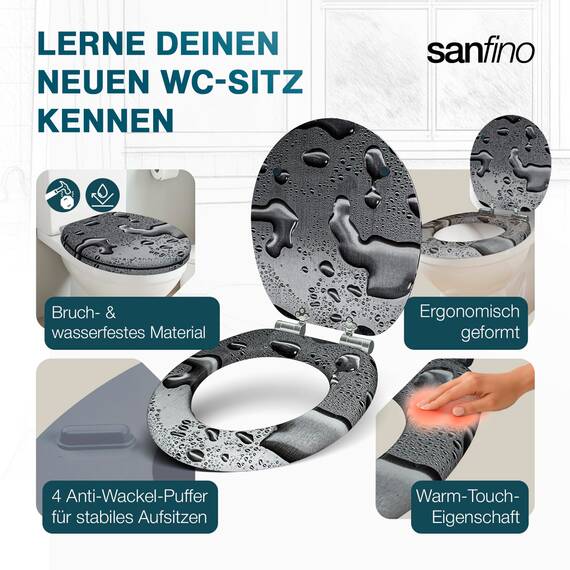 SANFINO® Premium WC Sitz mit Absenkautomatik – hochwertige Toilettendeckel aus Holz, viele bunte Motive, hoher Sitzkomfort, einfache Montage inklusive Montageanleitung – "Grey Splash"