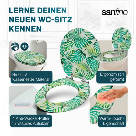 SANFINO® Premium WC Sitz mit Absenkautomatik – hochwertige Toilettendeckel aus Holz, viele bunte Motive, hoher Sitzkomfort, einfache Montage inklusive Montageanleitung – "Tropical Leaves"