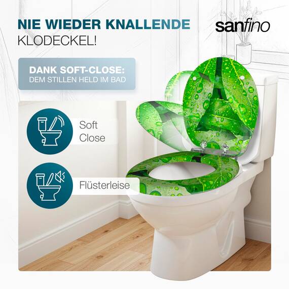 SANFINO® Premium WC Sitz mit Absenkautomatik – hochwertige Toilettendeckel aus Holz, viele bunte Motive, hoher Sitzkomfort, einfache Montage inklusive Montageanleitung – "Fresh Leaves"